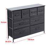 Fabric 8-Drawer Storage chest in black, measuring 100.6cm wide, 76.4cm tall, and 30.3cm deep.