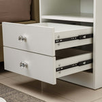 White Bedside Table with Drawers featuring sleek design and crystal knobs, showcasing two open drawers.