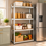 Tall metal pantry shelving unit storing food and kitchen supplies