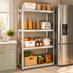 Tall metal pantry shelving unit storing food and kitchen supplies
