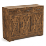 Farmhouse Buffet Sideboard cabinet in antique wood finish with three drawers and two doors, perfect for dining room or living room.