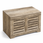 Rustic Storage Trunk Shoe Bench with slatted front and vintage wood finish for stylish storage.