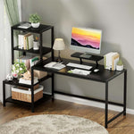 Black home office computer desk with monitor stand and storage shelves in living room