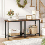 Console Table 2 Tier Rustic Entryway with wooden top, black metal frame, light decor, and storage baskets.