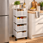 Four tier cubic storage cart with breathable mesh baskets for bathroom, kitchen and bedroom storage.