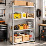 4-tier metal garage storage shelf organised with tools and supplies