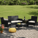 Patio Furniture Set 4 Piece PE Rattan showcasing a stylish outdoor seating arrangement with cushions and a glass table.
