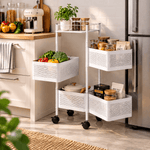 4 Tier storage trolley detail showing deep mesh baskets and practical everyday storage design.