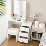 White Dressing Table with Mirror featuring open side storage drawers and a matching stool in a bright room