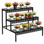 70cm black 3-tier metal plant stand with colourful flower pots on a white background