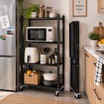 4-Tier foldable metal storage trolley with wheels in a modern kitchen, showcasing jars, appliances, and plants.