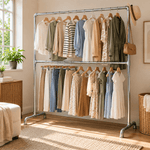 Double pole clothing rail drying rack with clothes organized neatly on two levels.