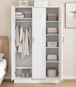 Open white 3-door wardrobe with hanging clothes, folded linen, shelves and shoe storage