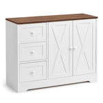 Farmhouse Sideboard Storage cabinet in white with brown wooden top and stylish drawers, ideal for organizing spaces.