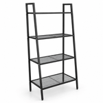 4-tier ladder shelf in a sleek black metal design, featuring four mesh shelves for storage and display.