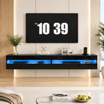 white floating TV cabinet with LED lights and compartments