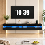 white floating TV cabinet with LED lights and compartments