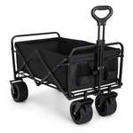 Black collapsible outdoor cart with brakes on white background