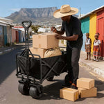 Heavy-duty collapsible outdoor cart with brakes loaded with camping gear