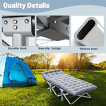 Quality details of reinforced steel frame on folding camping cot with mattress