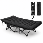 Black heavy-duty folding camping cot with mattress and steel frame