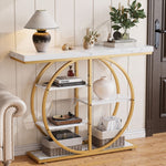 Gold Circle Console Table styled with a lamp and home decor items in a bright living space