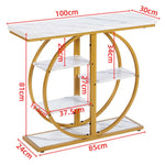 Gold Circle Console Table dimension diagram highlighting product measurements and multi-tier shelving