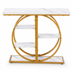 Gold Circle Console Table with a white marble-patterned top and geometric golden frame on a clean white background