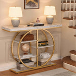 Gold Circle Console Table featuring dual lamps and decorative books in an entryway display