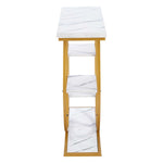 Side-profile view of a Gold Circle Console Table showing the vertical multi-tier shelf structure