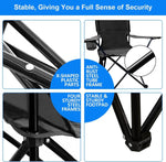 Heavy-Duty Folding Camping Chair features X-shaped plastic parts, anti-rust steel tube frame, four sturdy steel frames, and stable footpad.
