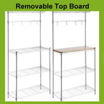 Heavy-Duty Baker's Rack showing removable top board with hooks and multiple storage shelves for kitchen organization.