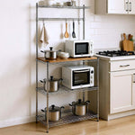 Heavy-Duty Baker's Rack featuring a wood top and organized kitchen appliances including pots and microwaves.