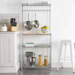 Heavy-Duty Baker's Rack with wood top, kitchen storage with pans, plates, and mixer for organized cooking.
