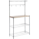 Heavy-Duty Baker's Rack with wood top and hooks for kitchen organization and storage.