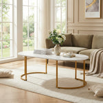 Oval marble-look coffee table close-up detail