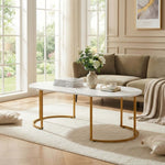 Oval marble-look coffee table close-up detail