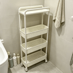 4-Tier Rolling Storage Cart in a bathroom, showcasing its compact design and functionality with wheels for easy mobility.
