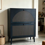 2-Door Flip Shoe Cabinet featuring black MDF and gold-tone vertical trim, designed for modern South African entryways.
