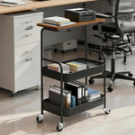 3-Tier Rolling Storage Cart with Wood Top in modern office setting, ideal for organizing supplies and enhancing workspace.