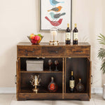 Farmhouse Buffet Sideboard showcasing antique wood finish with drinks and decorative items, perfect for dining and living spaces.