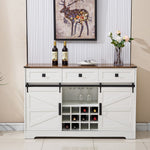 Farmhouse Wine Bar Cabinet featuring a rustic wooden top and storage for wine bottles and glasses.