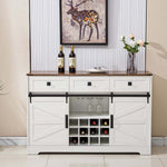Farmhouse Wine Bar Cabinet featuring a rustic wooden top and storage for wine bottles and glasses.