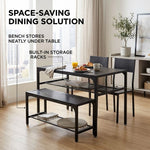 4-piece dining table set with bench in a compact kitchen featuring storage racks under the table and bench.