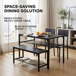4-piece dining table set with bench in a compact kitchen featuring storage racks under the table and bench.