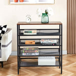 5-Tier Industrial Shoe Rack with rustic wood top, showcasing books and decor in a stylish living space.