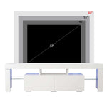 White LED TV console shown beneath televisions up to 60 inches