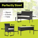 Patio Furniture Set 4 Piece PE Rattan dimensions with 1 bench, 2 chairs, and 1 table for outdoor use.