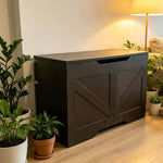 Rustic Wooden Storage bench placed in a cozy setting with plants and a lamp, perfect for organizing any space.