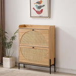 Rattan Flip-Top Shoe Cabinet featuring natural wood finish and woven doors, ideal for organizing shoes in any entryway.